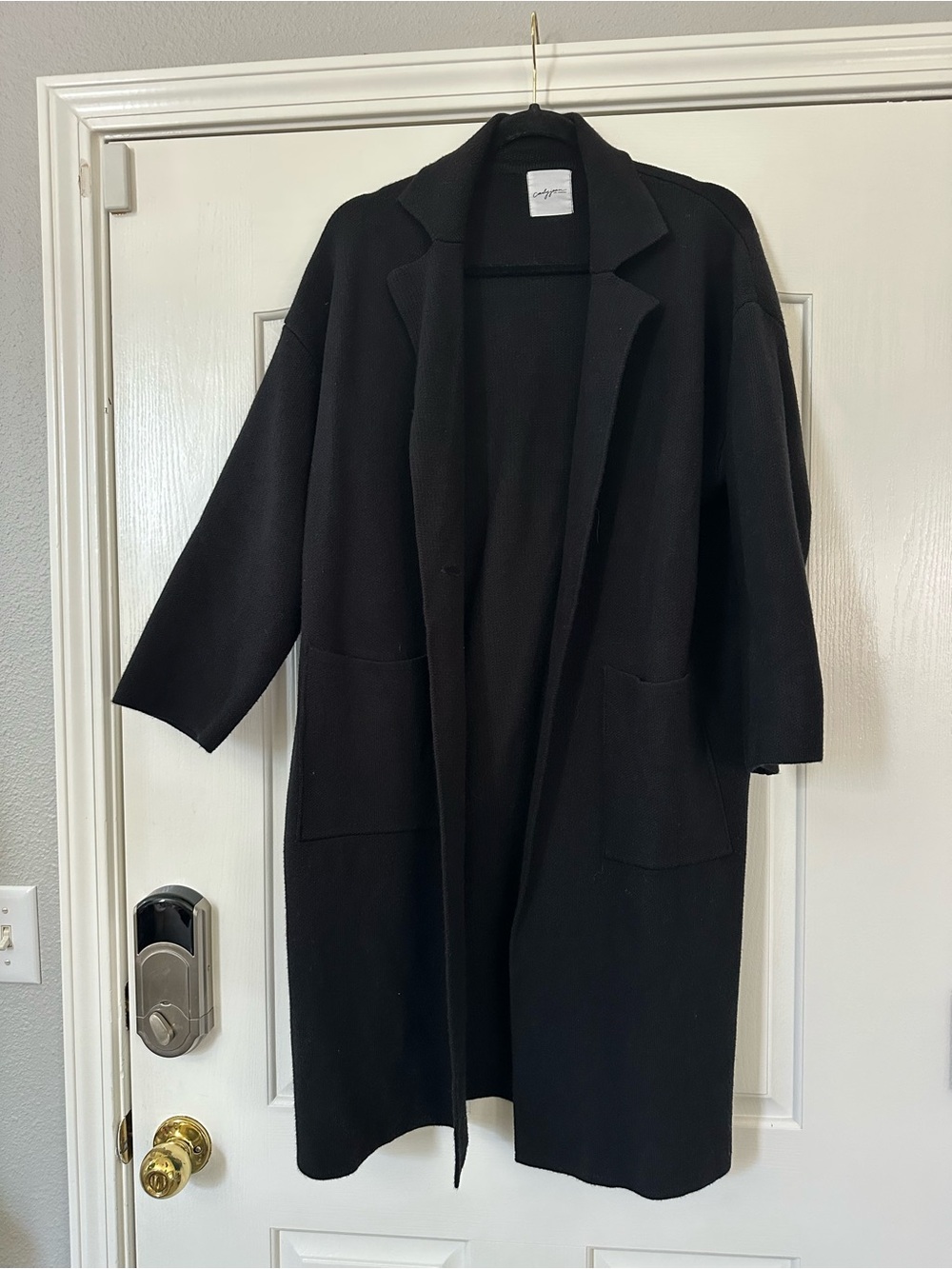 Carly Jean Los Angeles Black Open-Front Long Trench Coat